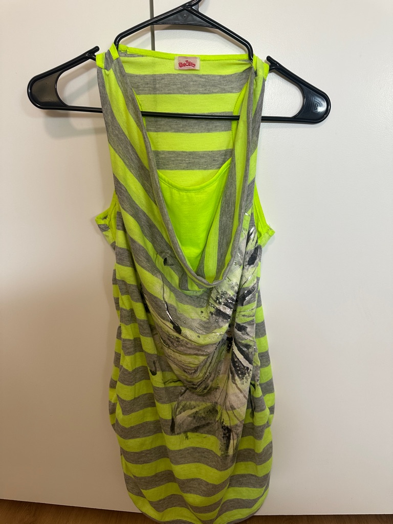 Neon Yellow & Gray Striped Sleeveless Mini Dress - Lightweight Draped